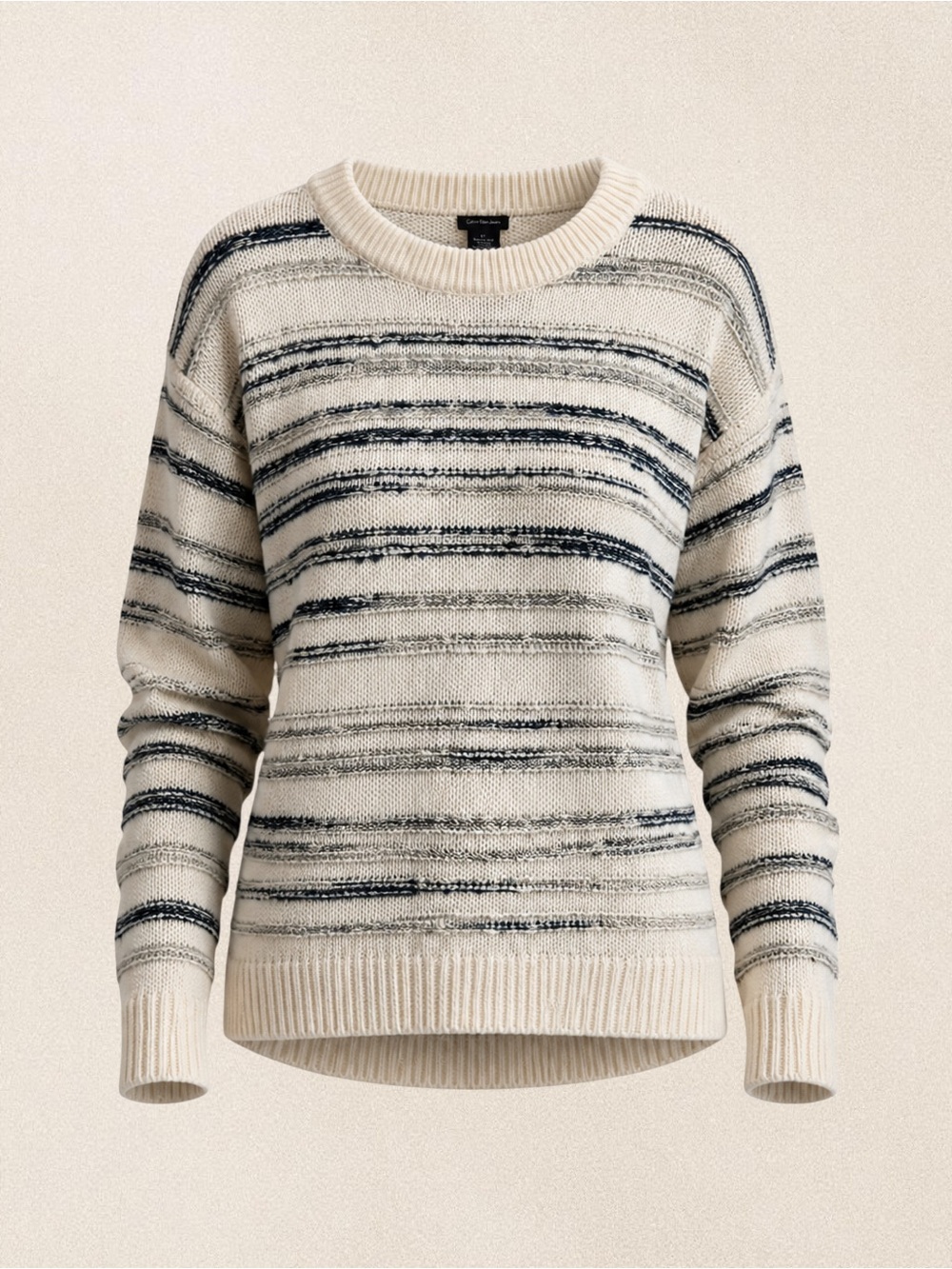 Vintage Calvin Klein Cream and Navy Striped Crewneck Sweater